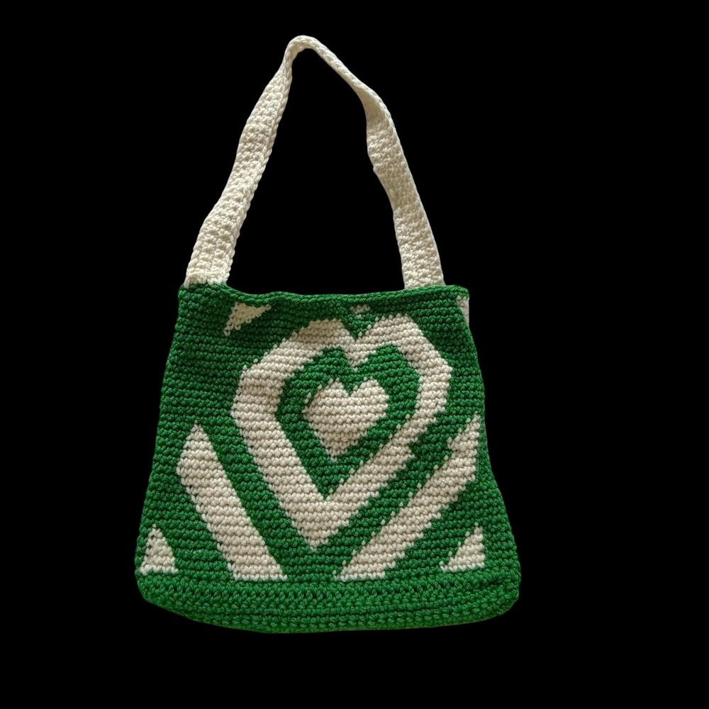 Handmade Crochet Heart Tote Bag Green Cream Boho Shoulder Bag Knit Artisan